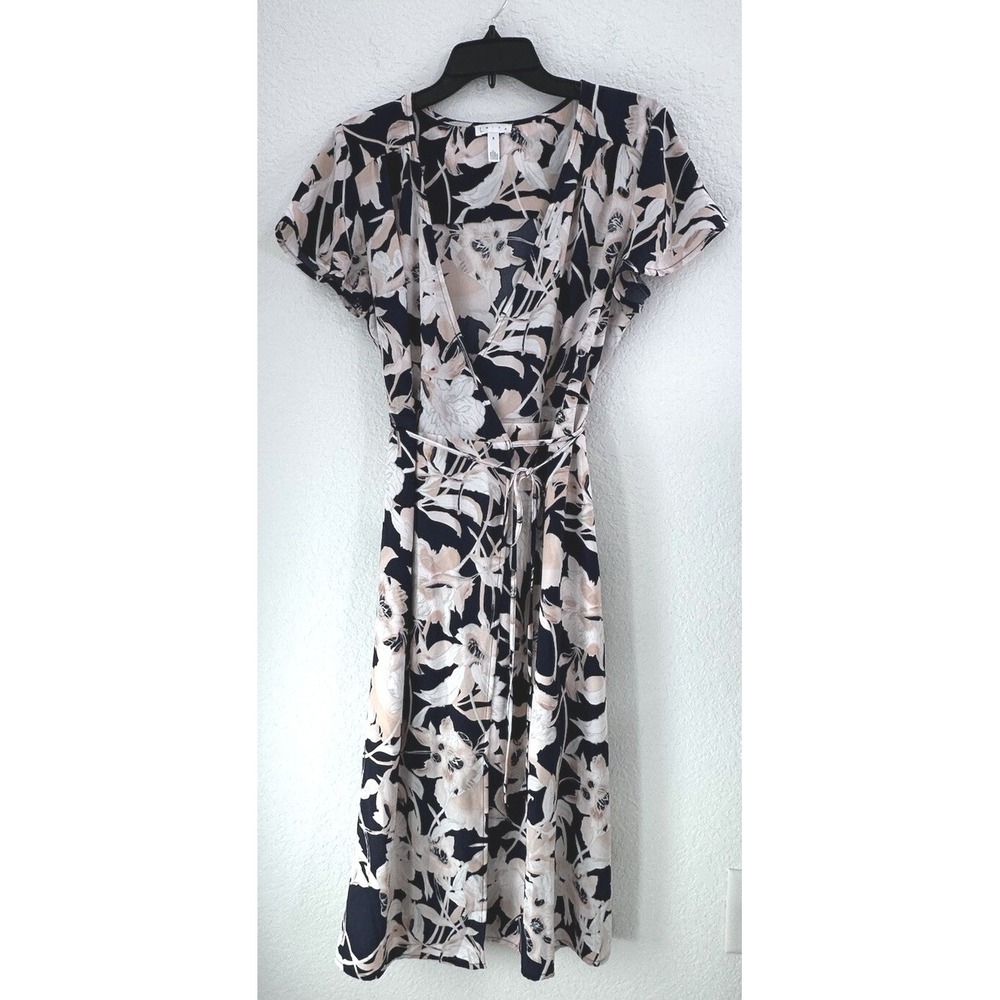 Leith Flowy Dark Fairy Garden Party Navy Floral Wrap Midi Dress Flutter Sleeve M